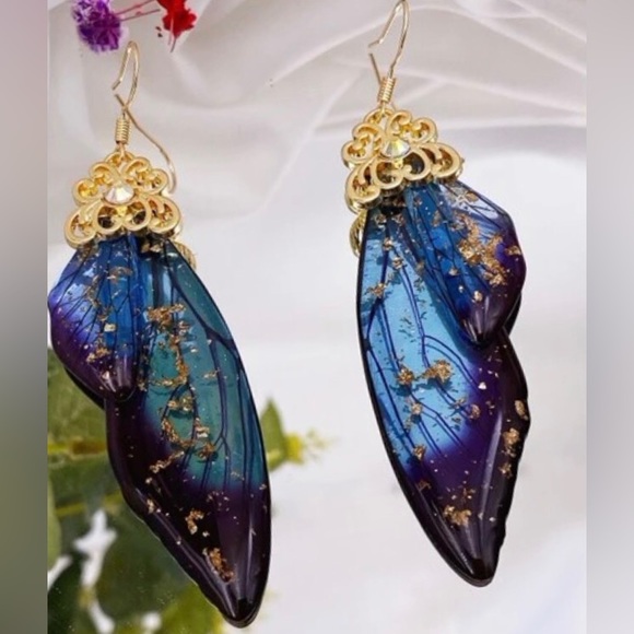 “Butterfly Wings” Ornate Gold Cap Blue Layer Gold Flake Fleck Translucent Dangle - Picture 2 of 5
